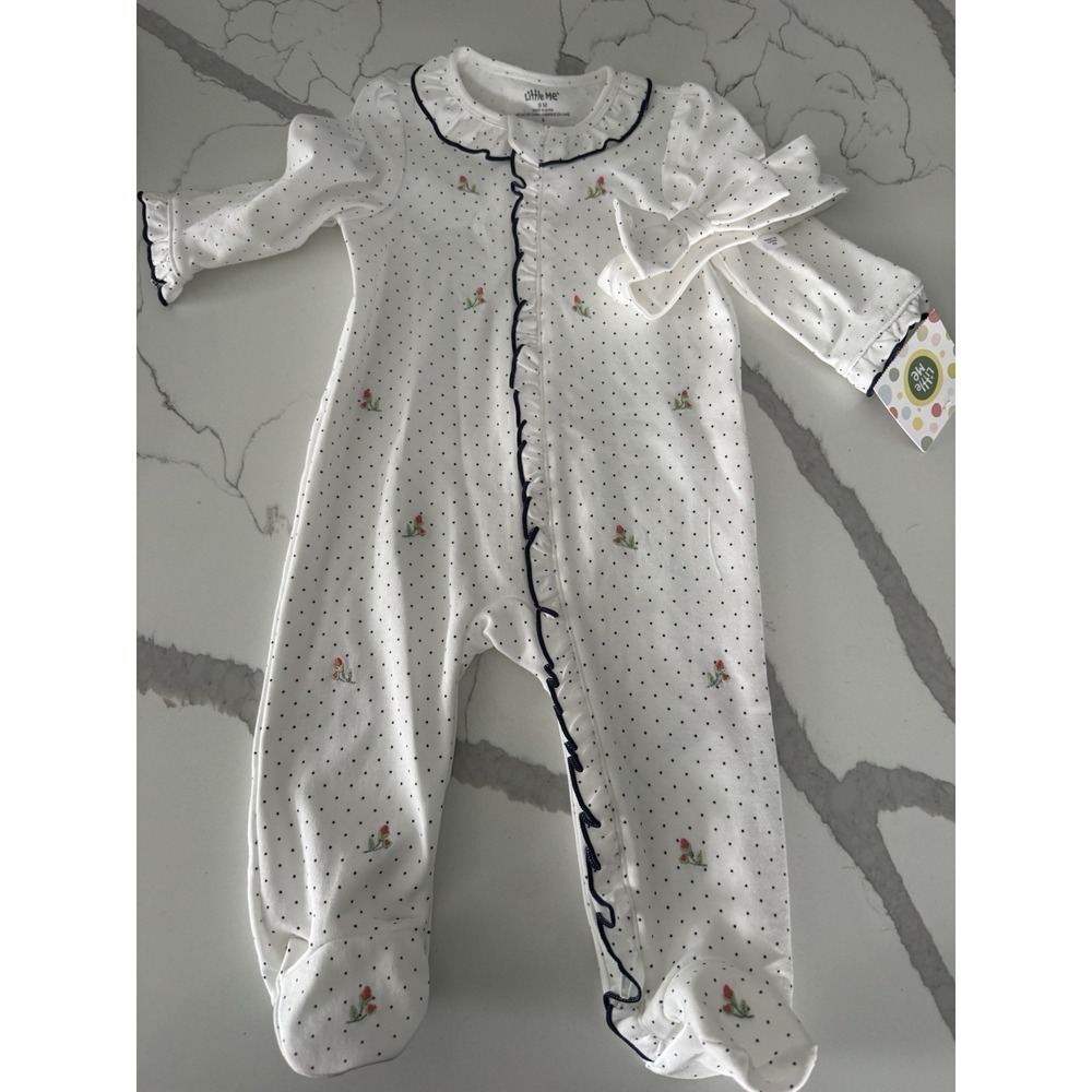 Little Me Polka Dot Rosebud Ruffled Zip Up One Piece & Headband 9 Mo 2pc Set